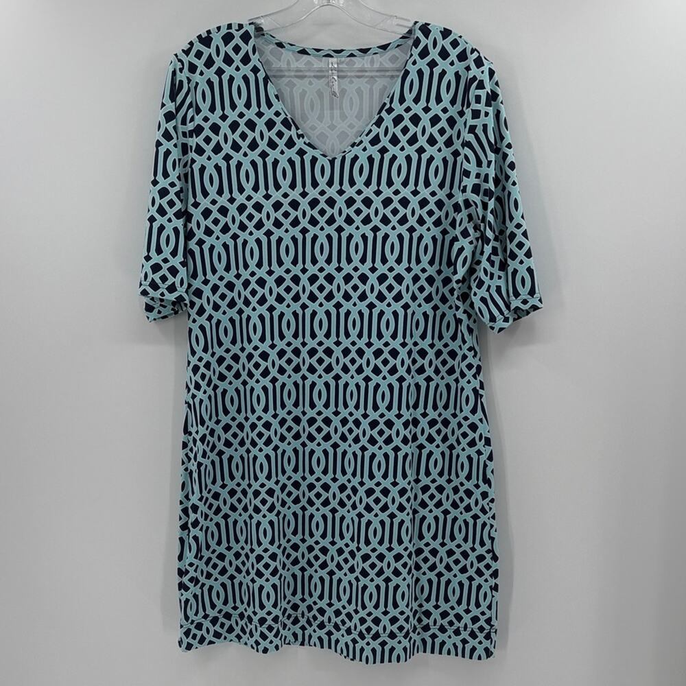Lulu-B Performance Short Sleeve Mini Dress - Light Blue/Navy - Large